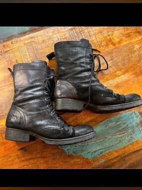 Born Black/Metallic “Aged” Lace-Up Combat Boots, Size 10